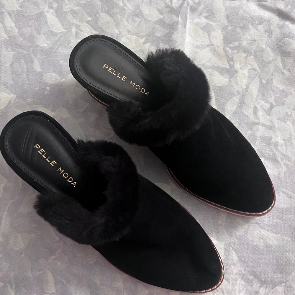 Pelle Moda Black Suede Mules with Fur Trim